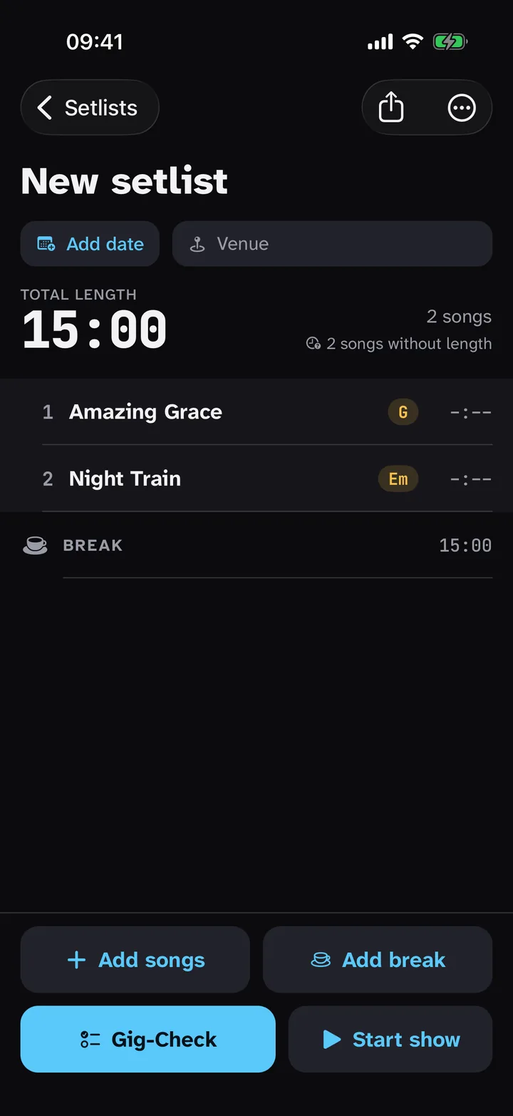A setlist with two songs, a break and the total length.